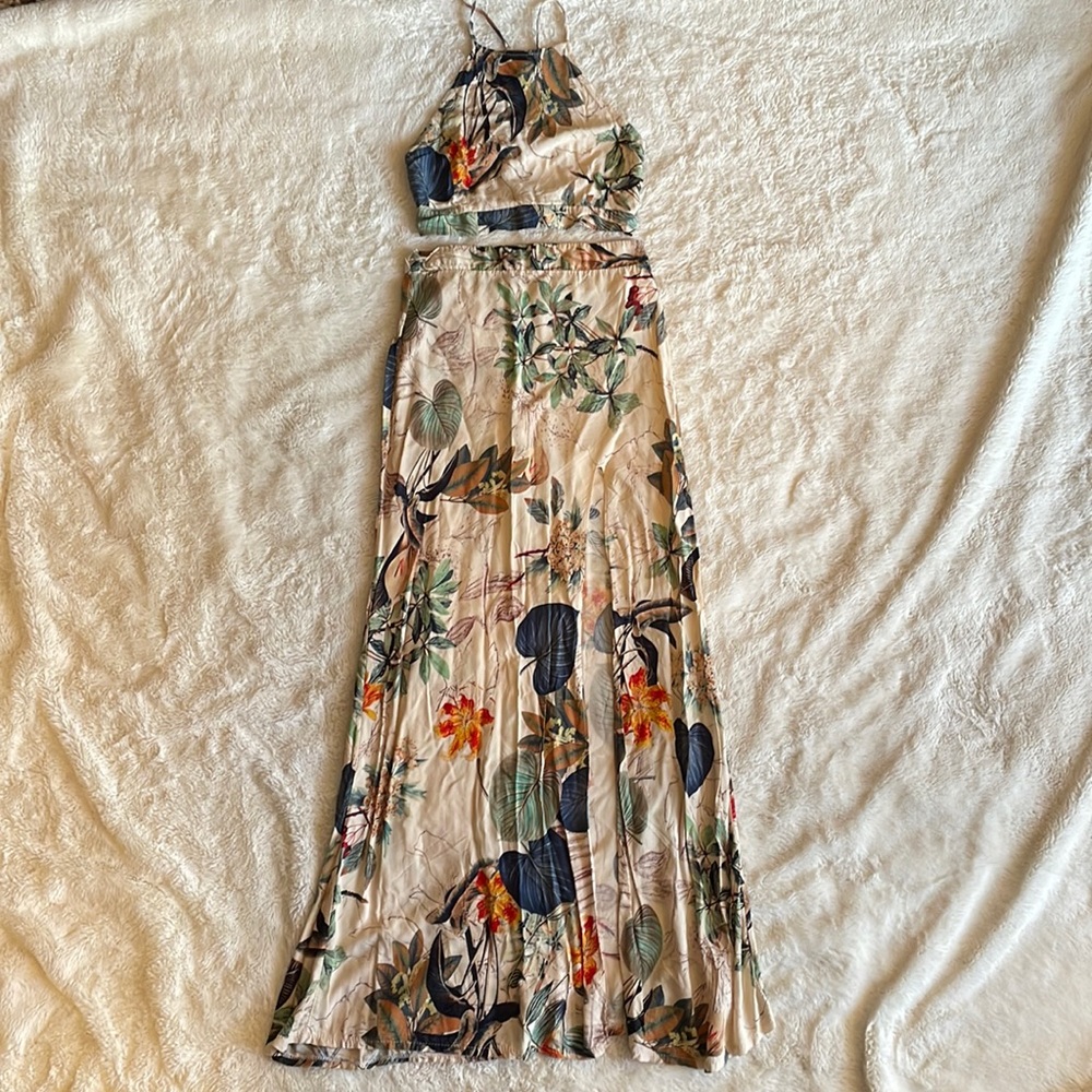 Tan Floral Crop Top and Maxi Skirt 2-piece Set